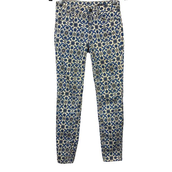 ZARA Royal Cobalt Blue Cream Floral Medallion Print Stretch Slim Jean Pants sz 2 - Picture 1 of 8